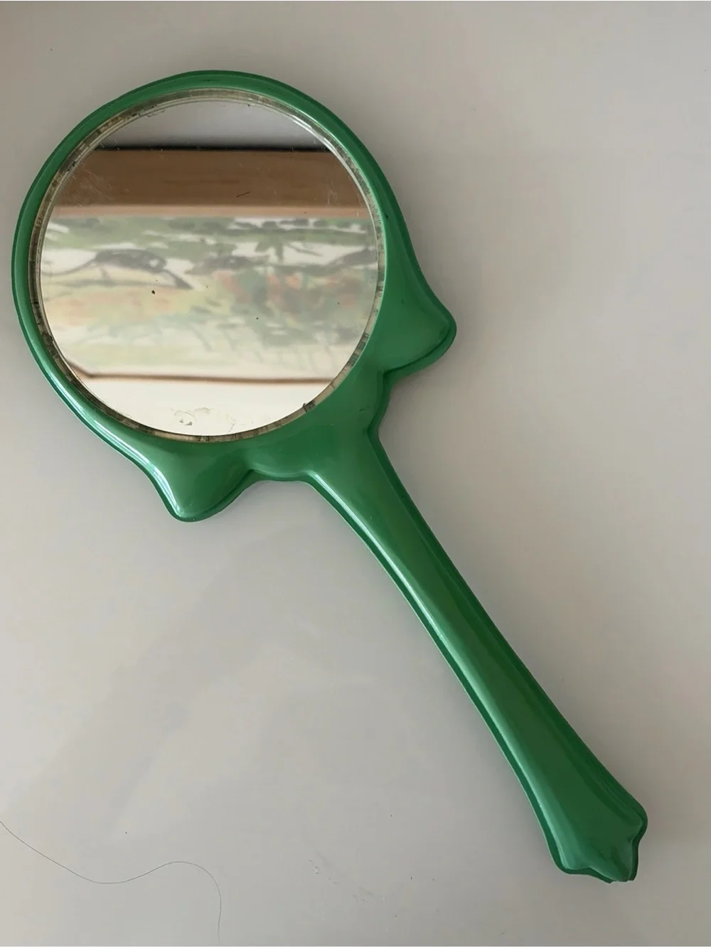 Vintage Sage Green Floral Hand Mirror 13” Vanity MCM Retro Cottagecore